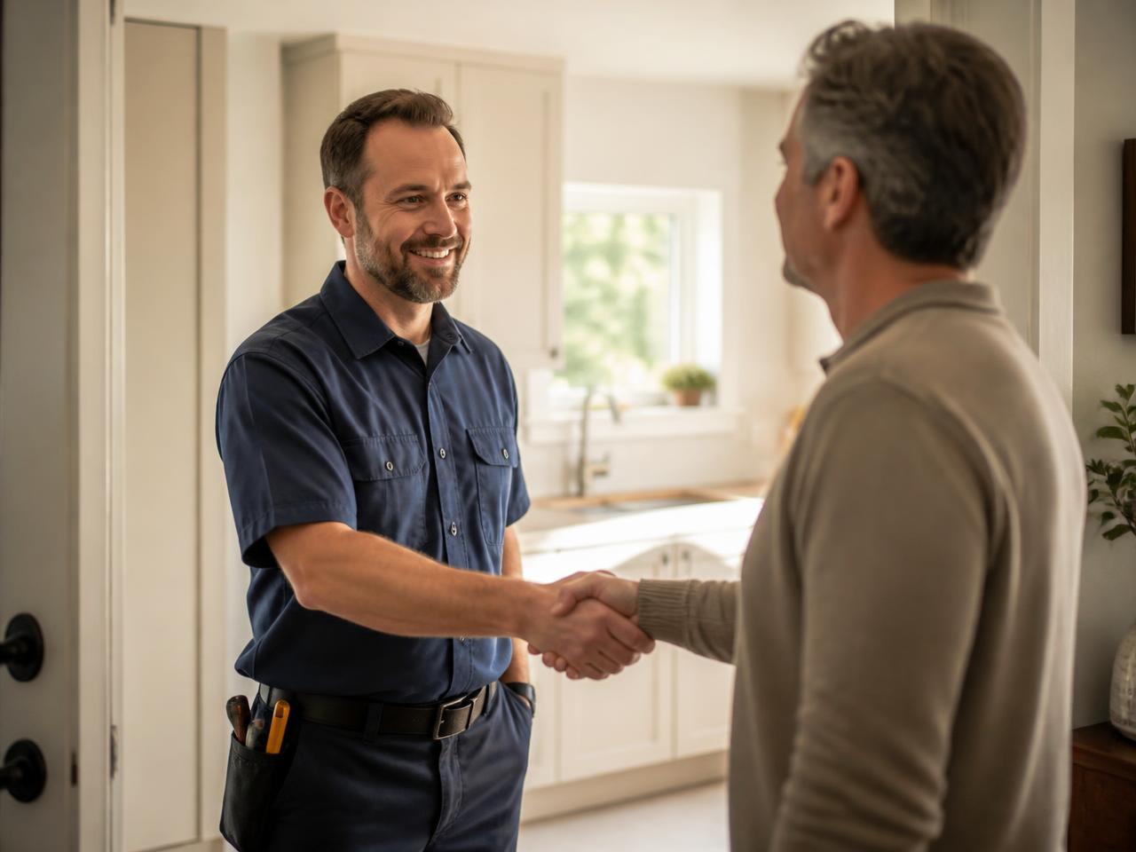 Service professional greeting a customer at their home