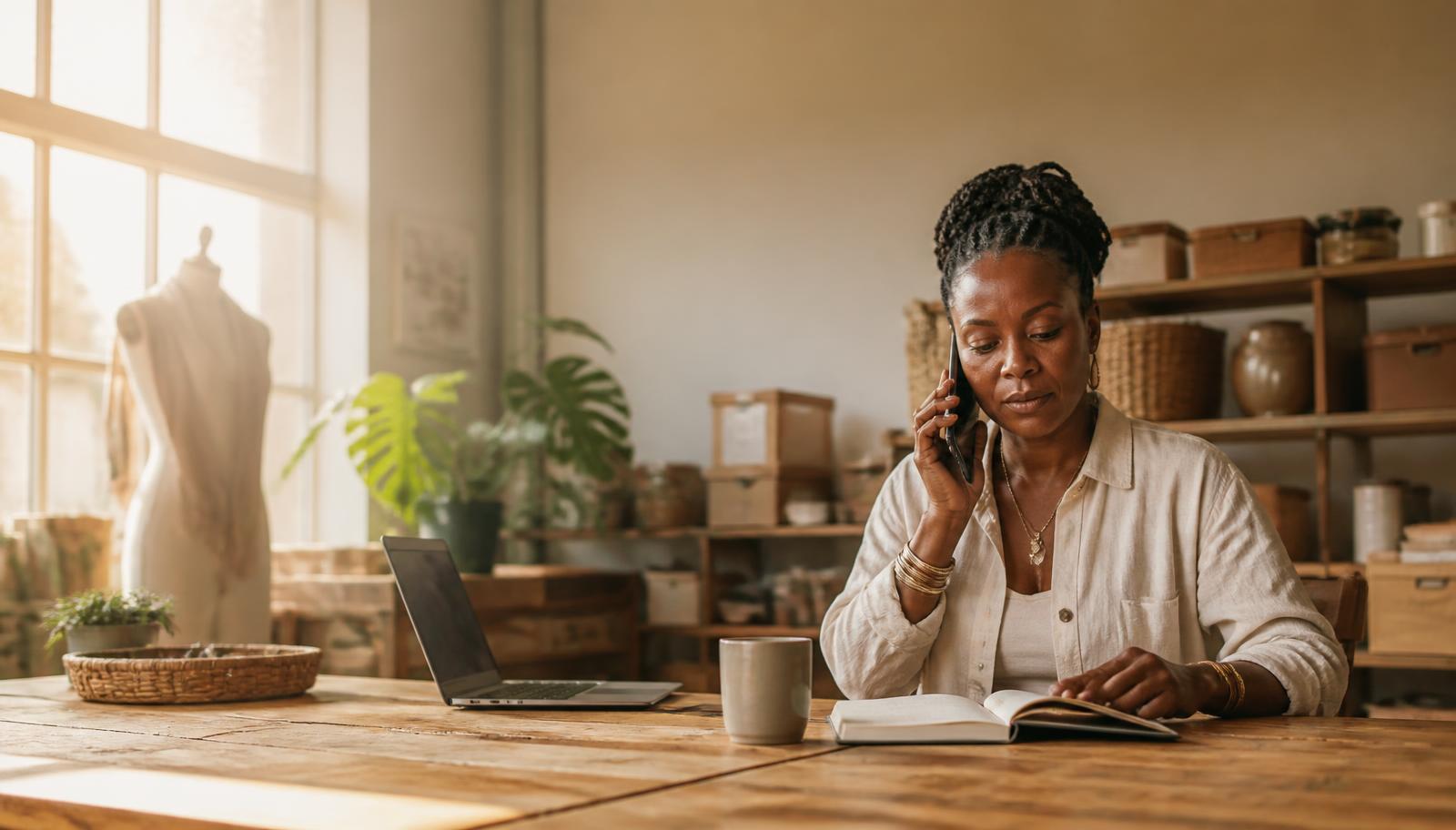 Business owner answering a customer call at their workshop